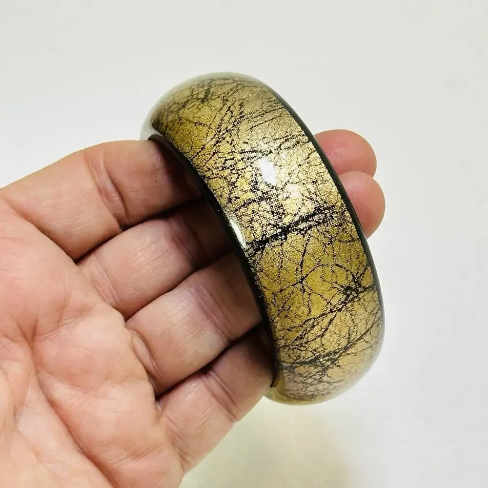 Vintage Lucite Black Gold Foil Bracelet Bangle Black Metallic Shiny Chunky Round